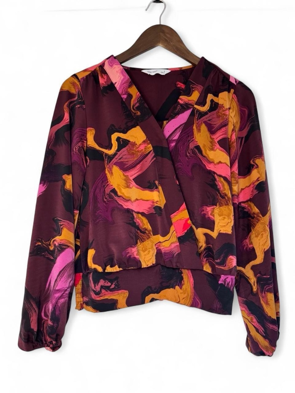 Small Abstract Boho Psychedelic Nine West Multicolored Print Blouse Burgandy